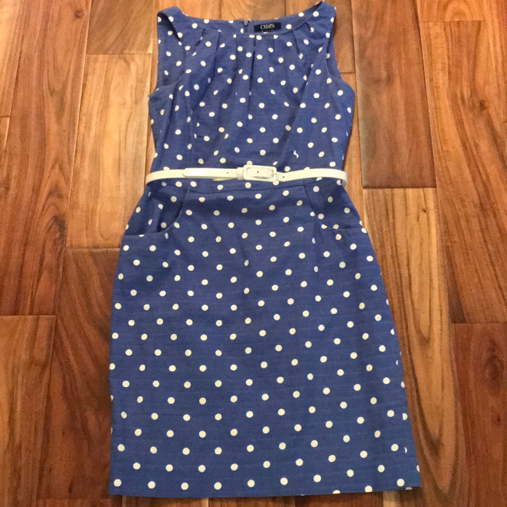CHAPS blue with white polka dots sheath dress, 6
